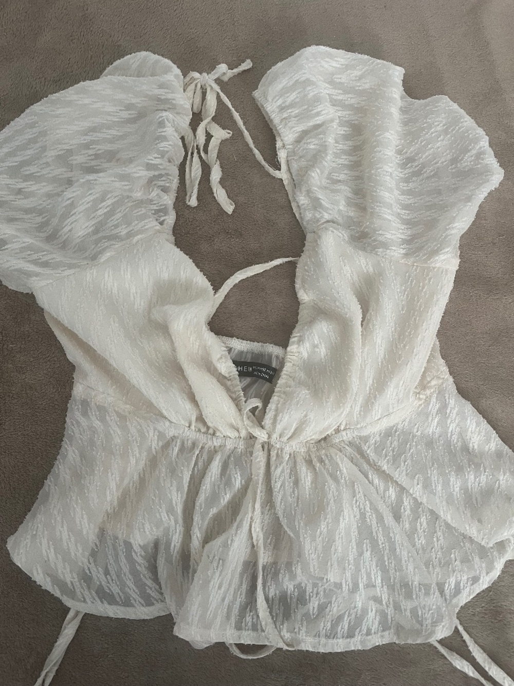 Large sheer textured peasant top small stain ruffled